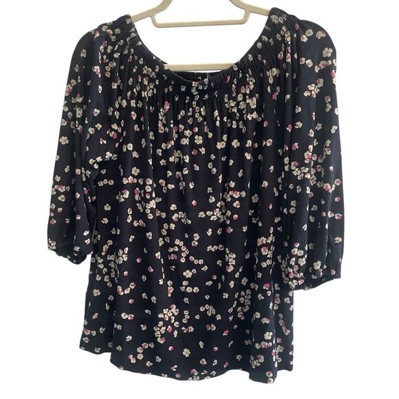 J Jill Wearever Navy Blue Floral Smocked Neck Top Women’s Sz Medium Jersey Knit - Picture 6 of 6